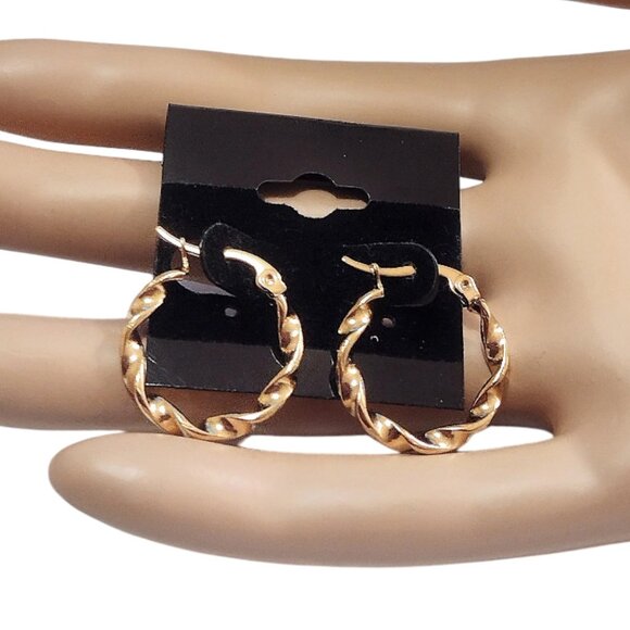 3/4" Satin Gold Twisted Hoop Pierced Earrings - Picture 3 of 3